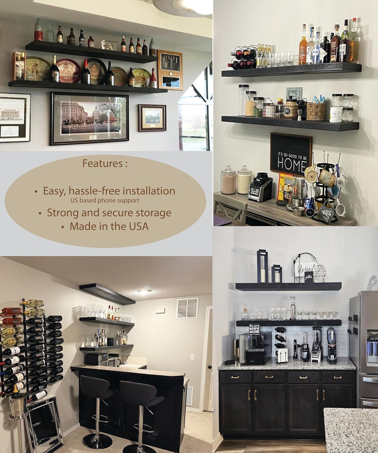 joelsantiques 60 Inch Wooden Floating Shelves for Wall - 60x12x2 in - Made of Natural Wood - Long Heavy Duty Rustic Wall Shelves for Bedroom - Perfect for Living Room, Kitchen - Black