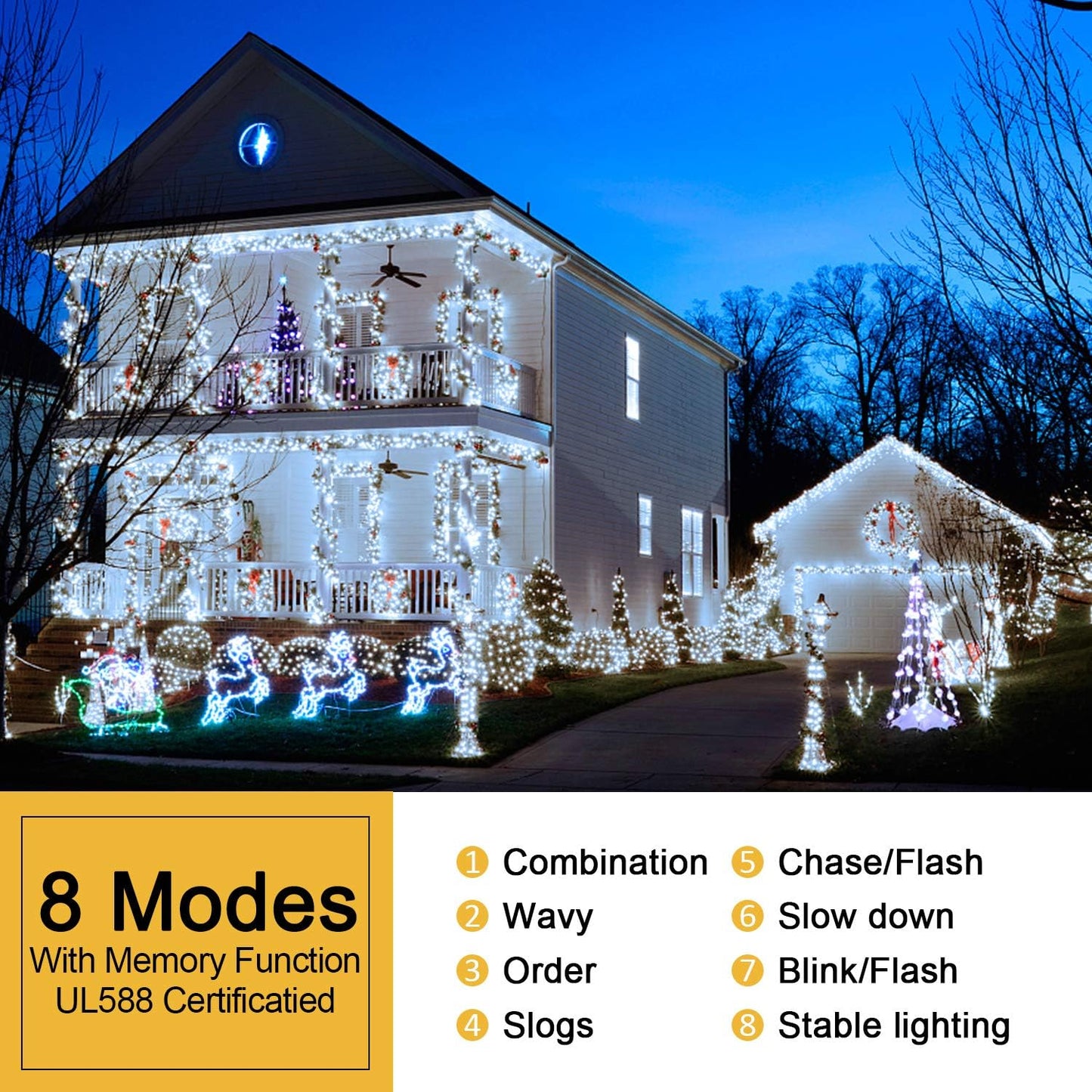 JMEXSUSS 500 LED White Christmas Lights Outdoor Indoor, Green Wire Christmas Tree Lights Plug in, 8 Modes Waterproof White String Lights for Xmas Wedding Party Garden