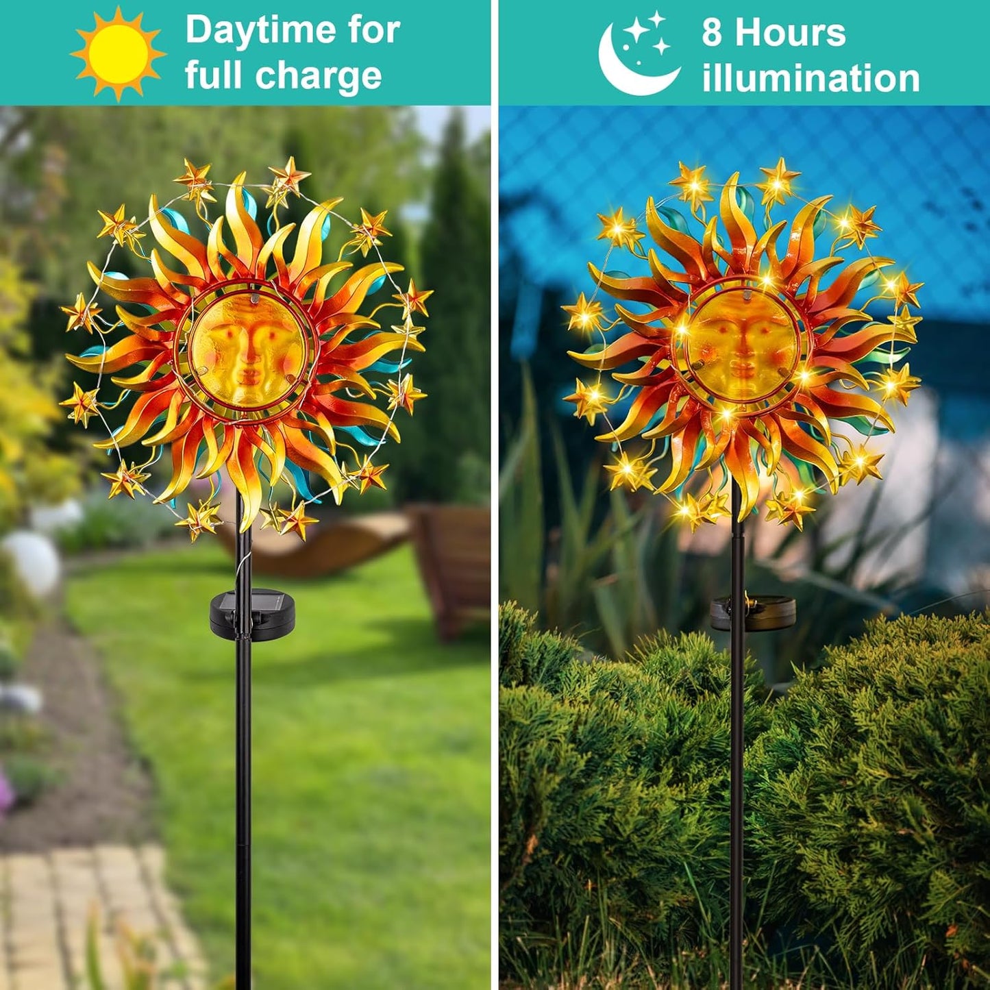 Solar Wind Spinners for Yard and Garden - 60.3 Inch 360° Metal Sun Wind Sculptures Outdoor Clearance Kinetic Windmills with Vine String Shining LED Lights for Patio, Lawn Xmas Garden Decoration
