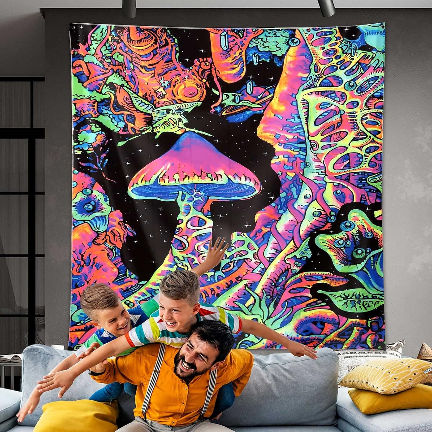 ADDWel Blacklight Mushroom Tapestry, Fantastic Upright Tapestry Glow In The Dark, UV Reactive Black Light Tapestries Posters Wall Hanging for Backdrop Bedroom Dorm Living Room Decor(50"x60")