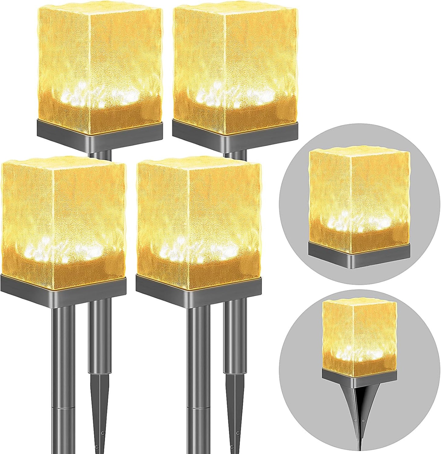 4 Pack Solar Pathway Lights Outdoor, Waterproof Ground Light Featuring Crystal-Clear Ice Brick Aesthetic, Multi-use Landscape Decoration Lighting Solar Powered Garden Lawn Lamp (Warm White)