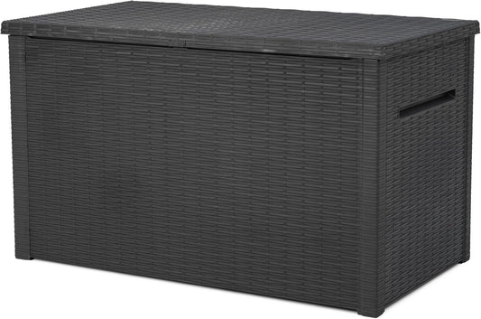 Keter Java XXL 230 Gallon Resin Rattan Look Large Outdoor Storage Deck Box for Patio Furniture Cushions, Pool Toys, and Garden Tools, Dark Grey