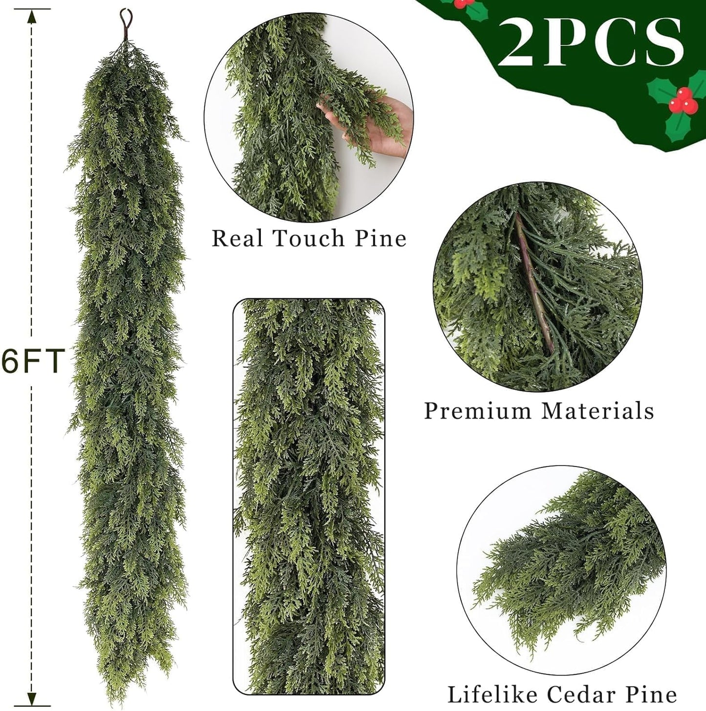 6FT Real Touch Cedar Garland - Artificial Christmas Garland Fake Green Faux Thick and Lush Pine Needles Garlands for Table Fireplace Mantle Holiday Home Indoor Outdoor Decor (2PCS)
