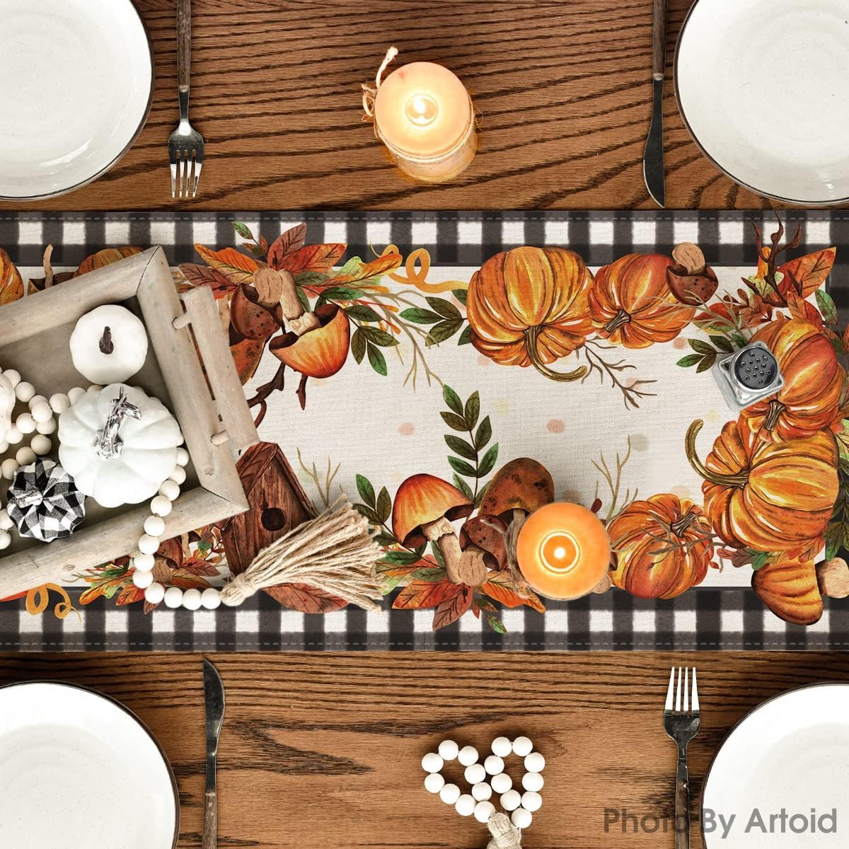 Artoid Mode Buffalo Plaid Pumpkin Mushroom Birdhouse Leaves Fall Table Runner, Autumn Kitchen Dining Table Decoration for Home Party Decor 13x60 Inch