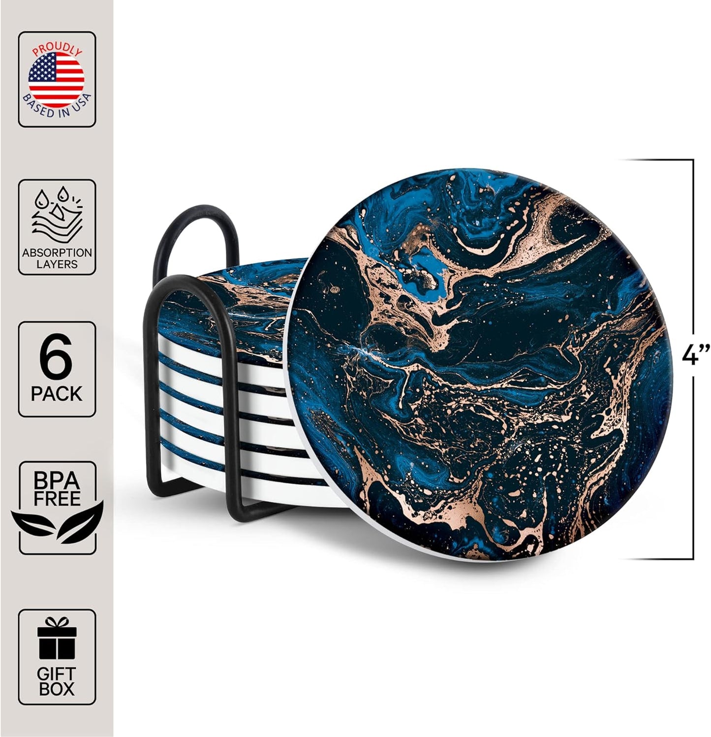 Emerson Coasters for Drinks Absorbent – Natural Stone Drink Coasters Set with Holder, Coasters for Coffee Table, Wooden Tabletop Protection Marble Style – 100% Heavy Duty Set of 6 (Royal)