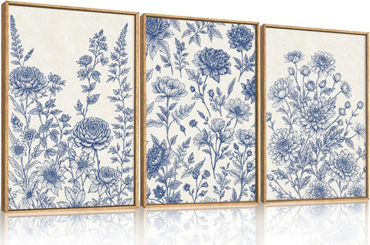 Classic Chinoiserie Floral Framed Canvas Wall Art Set, Blue and White Flower Wall Decor, Navy Watercolor Wall Painting, Minimalist Wildflower Art Print for Living Room, Bedroom - 16"x24"×3
