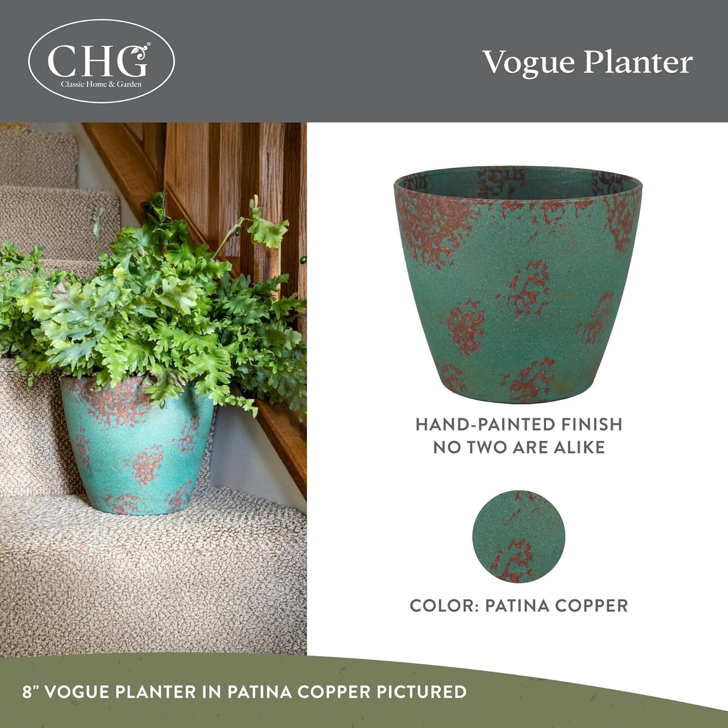 Classic Home and Garden Vogue Planter Pots w/Pottery Quality Finish - Modern Indoor & Outdoor Flower Pots - UV-Resistant Porch Planters - Decorative Pot for Flowers & Herbs (8” Patina Copper)