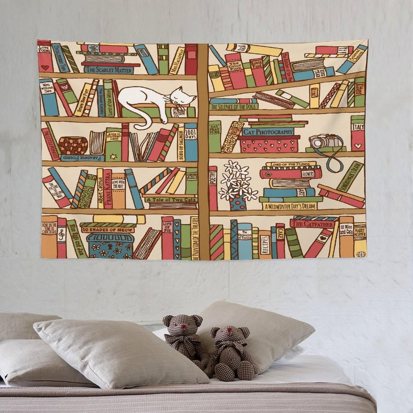 Kurtect Bookshelf Tapestry,Cute Cartoon Cat Sleeping Library Theme Pattern Print Tapestries for Party Beach Picnic Blankets Tablecloths Living Room Wall Deocr, 40x60 in