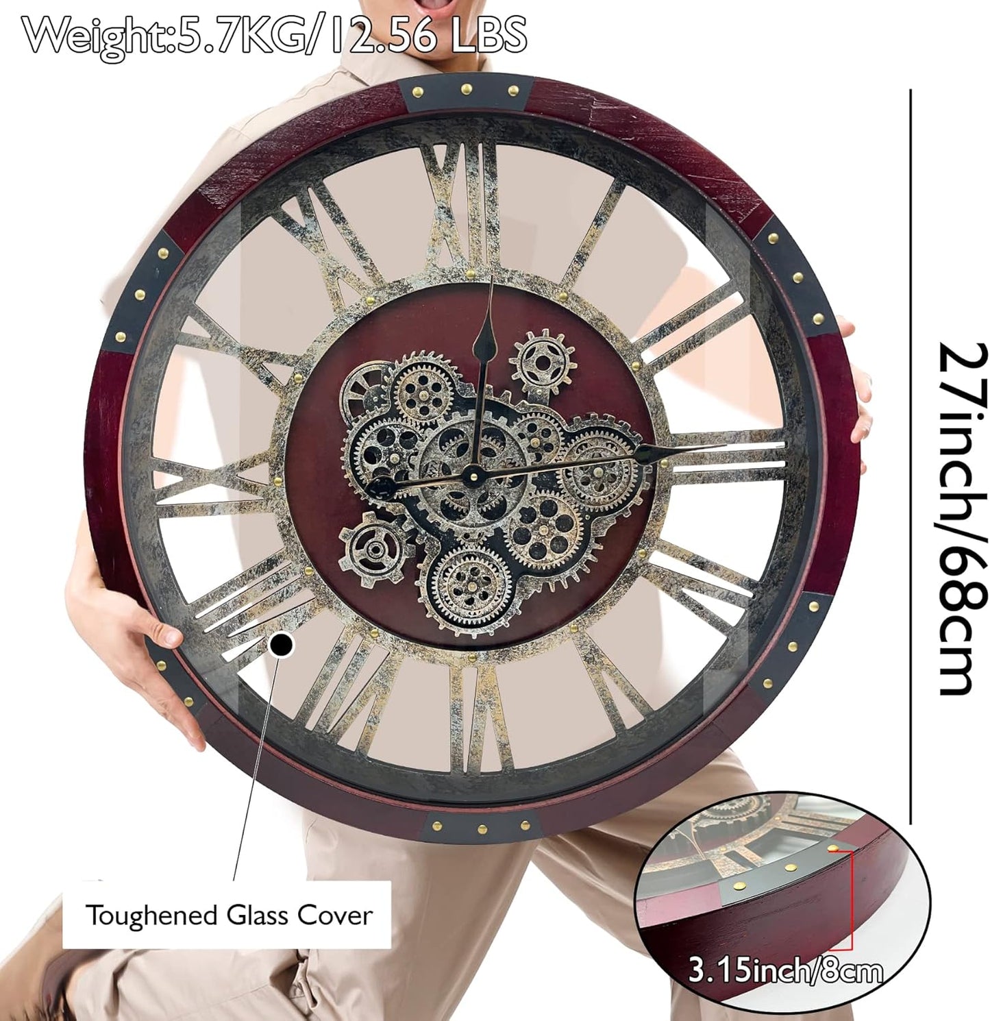 DORBOKER 27" Original Moving Gears Wall Clock, Large Industrial Wall Clock for Living Room Decor, Retro Metal Solid Wood Vintage Farmhouse Steampunk Rustic Clocks for Wall Decor,Cherry Red