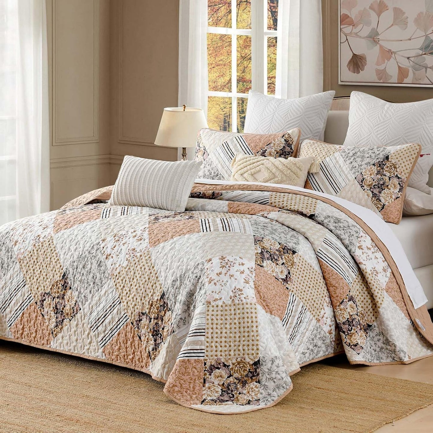 Dobuyly Fall King Size Quilt Set, Beige and Brown Floral Plaid Patchwork Bedspread Reversible Coverlet Set 3 Pieces, Soft Lightweight Microfiber Bedding Set for All Season, 104"x90"