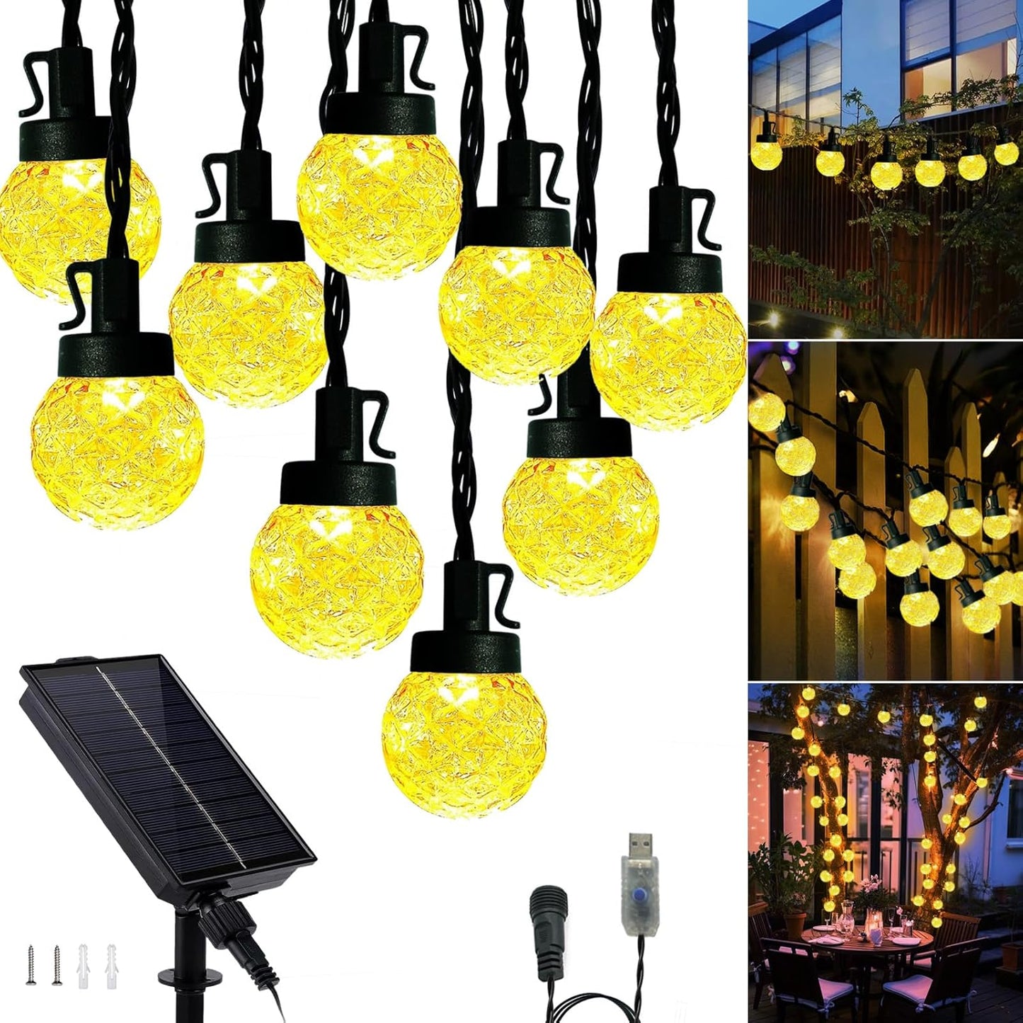 Solar LED String Lights for Outside,39.4FT 8Modes Crystal Globe Fairy String Lights Waterproof USB Plug for Garden Patio Christmas Tree Fence Indoor&Outdoor Party Decor(Pineapple Warm White)