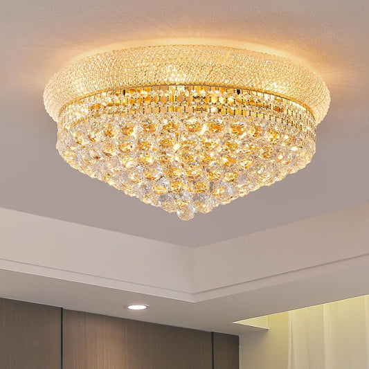 12-Light Crystal Flush Mount Chandelier Ceiling Light Fixture for Living Room Dining Room Bedroom Foyer Entryway Hallway Closet Bathroom (Gold D24)