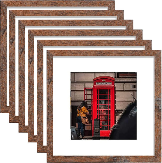 12x12 Picture Frame Set of 6, Display Pictures 8x8 with Mat or 12x12 Without Mat for Wall Mounting,Rustic Brown