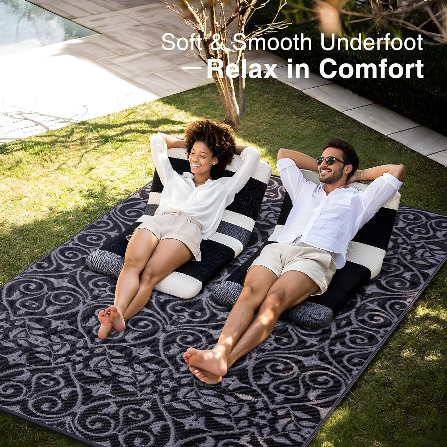 OLANLY Outdoor Rug Waterproof 8x10 ft Clearance, Reversible Outdoor Plastic Straw Rug with Floral Pattern, RV Mat for Patio, Camping, Balcony, Deck, Backyard, Black & Grey