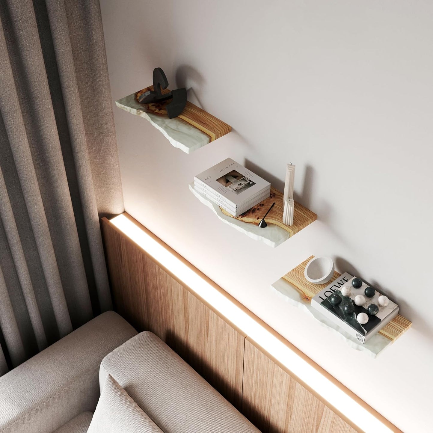 RWA Floating Shelves for Wall Decor - Epoxy & Wood Wall Shelf Plank, Stylish Shelves for Room Wall Living Room Bedroom Office Organization - Elegant Wall Mounted Shelves Design (Medium, platinum)