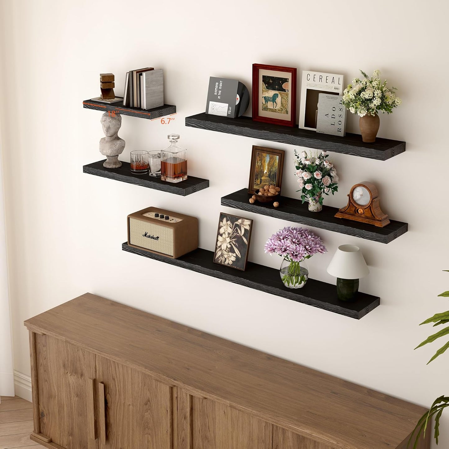 BGMG Wood Floating Shelves 18 inch,Black Floating Shelves,Solid Wood Wall Shelves for Bathroom Living Room Bedroom Kitchen Farmhouse Set of 2-18x 6.7 x1.25 inch