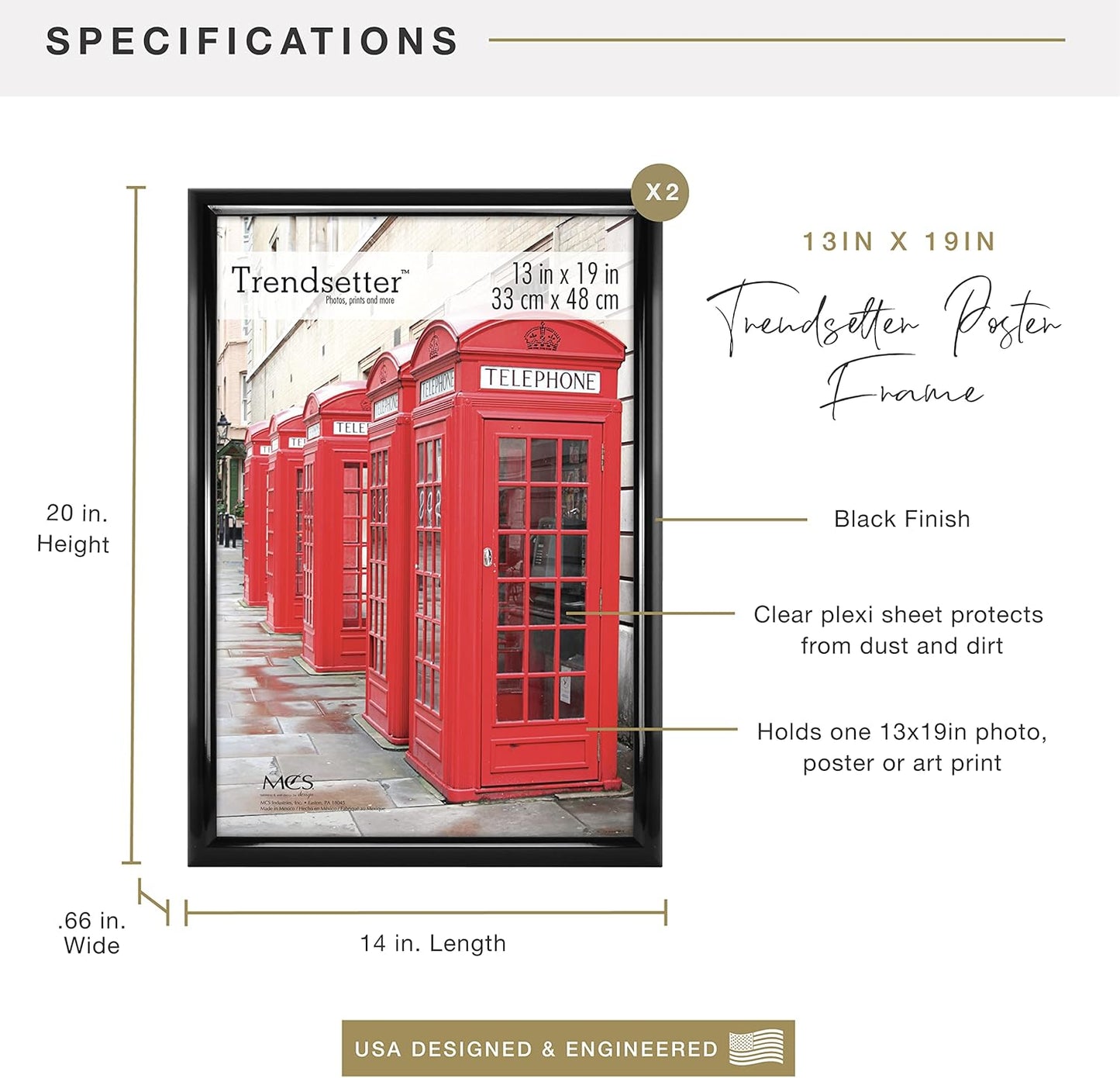 MCS Trendsetter 13x19 Poster Frame Black High-Gloss, Vertical & Horizontal Wall Hanging Large Picture Frame for Photos, Posters & Art Prints (2-Pack)