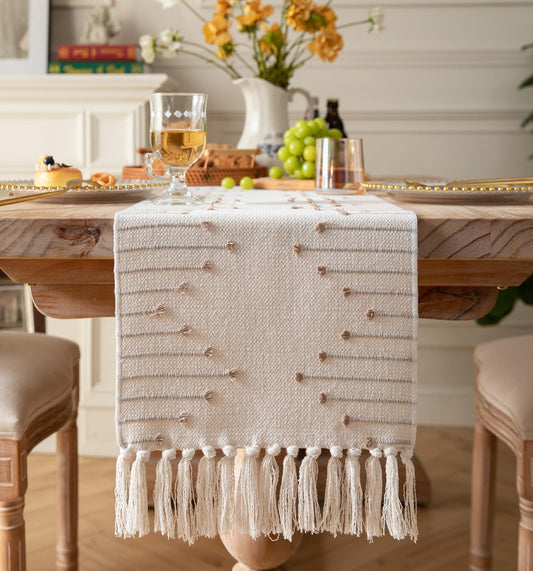 Boho Farmhouse Taupe & Beige Table Runner – Natural Cotton Woven Runner with Tassels – Modern Decor for Dining/Coffee Table – Available in 5 Sizes!