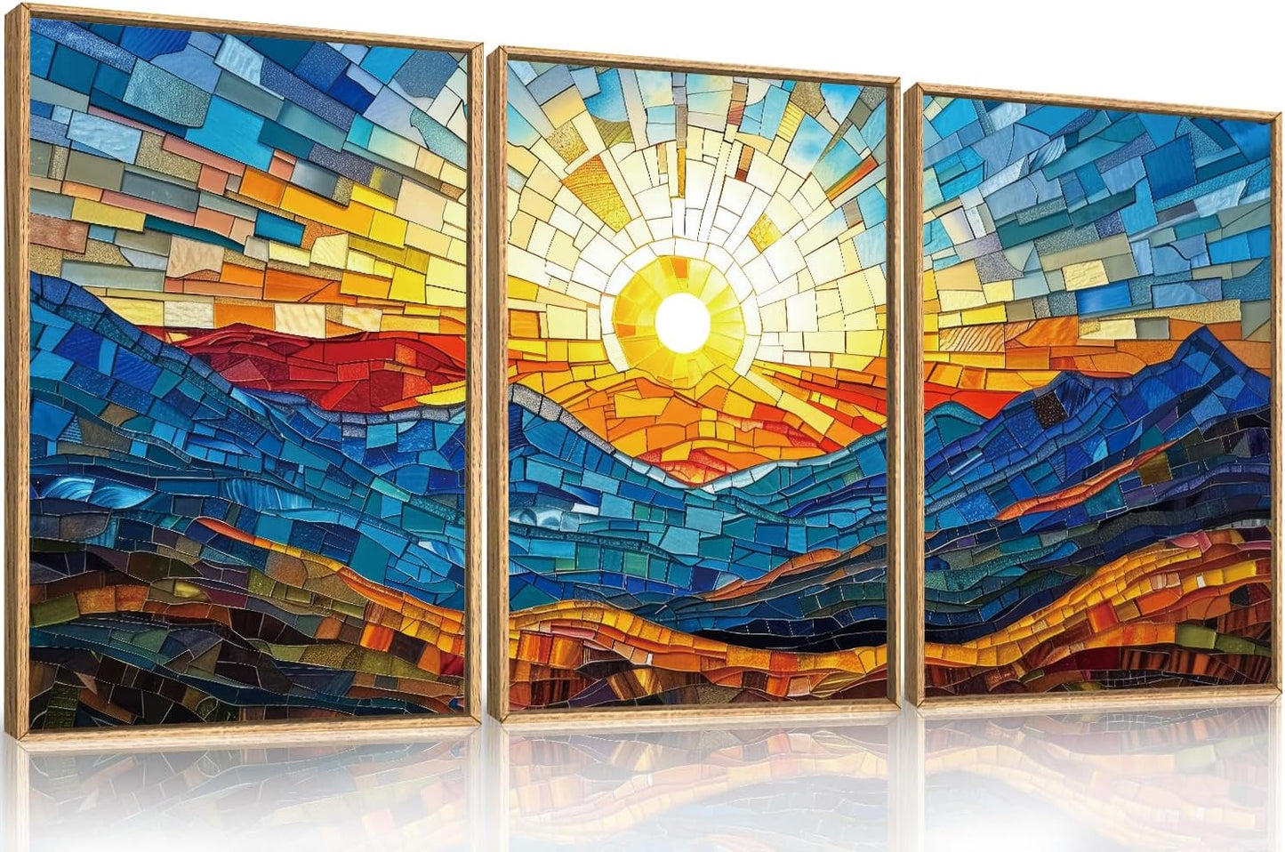 Mountains Framed Canvas Wall Art Set, Modern Abstract Art Painting, Irregular Square Ridge Wall Decor, Sunrise Art Print for Living Room, Bathroom, Bedroom, Office - 16"x24"x3