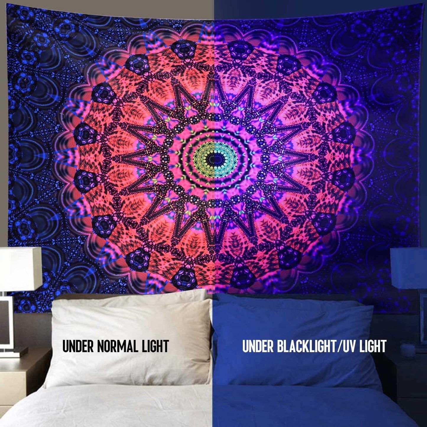 ADDWel Blacklight Mandala Boho Tapestry Glow In The Dark, Black Light Bohemian Hippie Poster Wall Hanging for Bedroom Aesthetic Wall and Room Decor (50" x 60", Mandala)