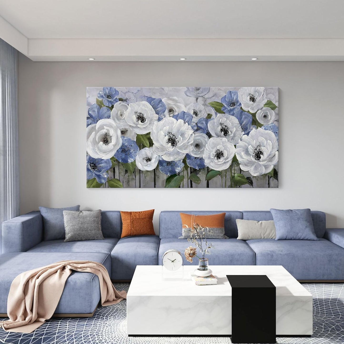 Large Canvas Wall Art for Living Room, Blue and White Textured Floral Wall Art, Flower Wall Pictures and Paintings, Nature and Landscape Artwork, Bedroom Wall Decor