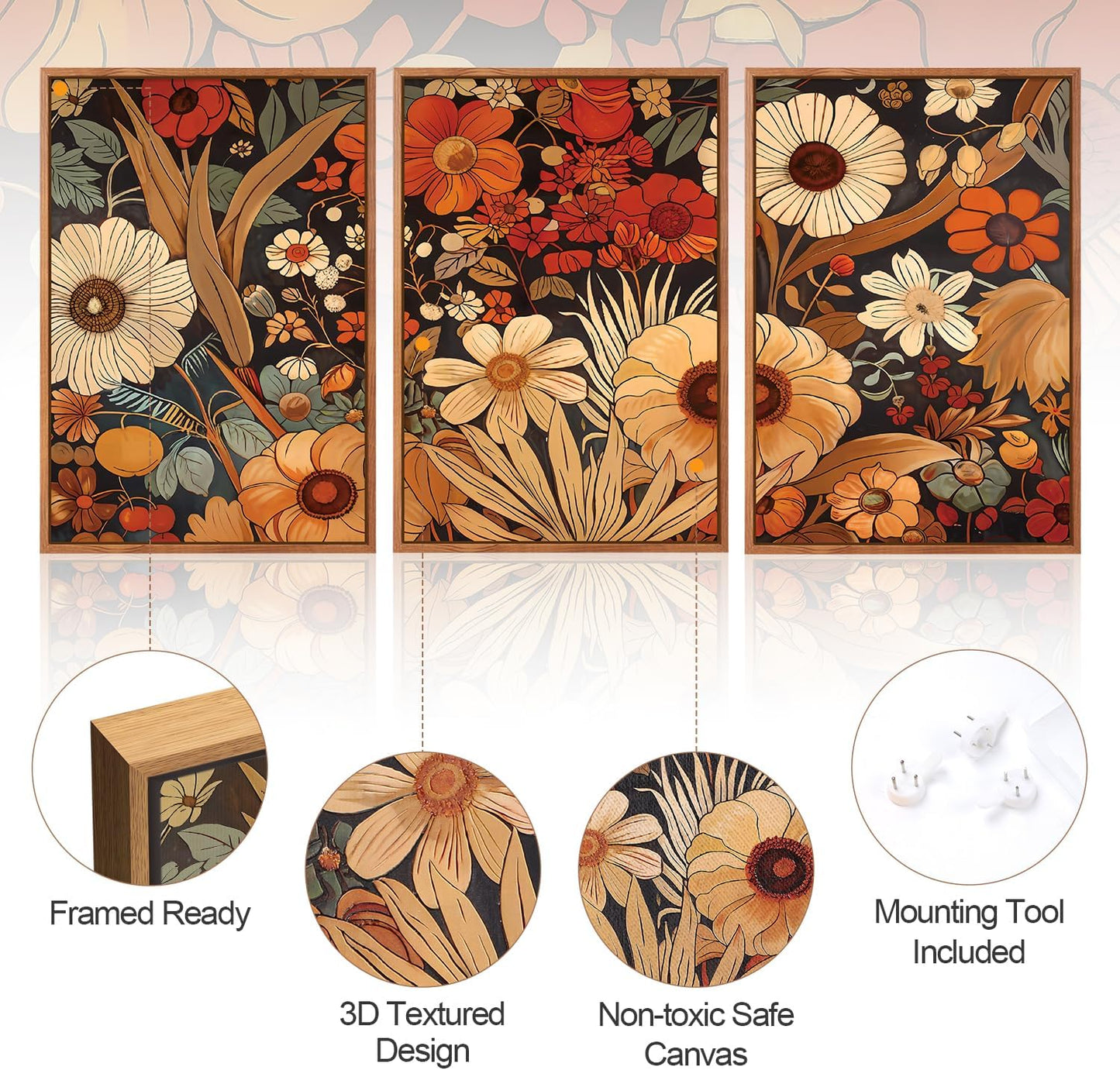 Aurlan Boho Burnt Orange Terracotta Wildflowers Framed Wall Art(24"x36"), 3 PCS Abstract Floral 3D Textured Canvas Artwork, Large Modern Vintage Botanical Nature Art Wall Decor for Home Office Living Room Bedroom