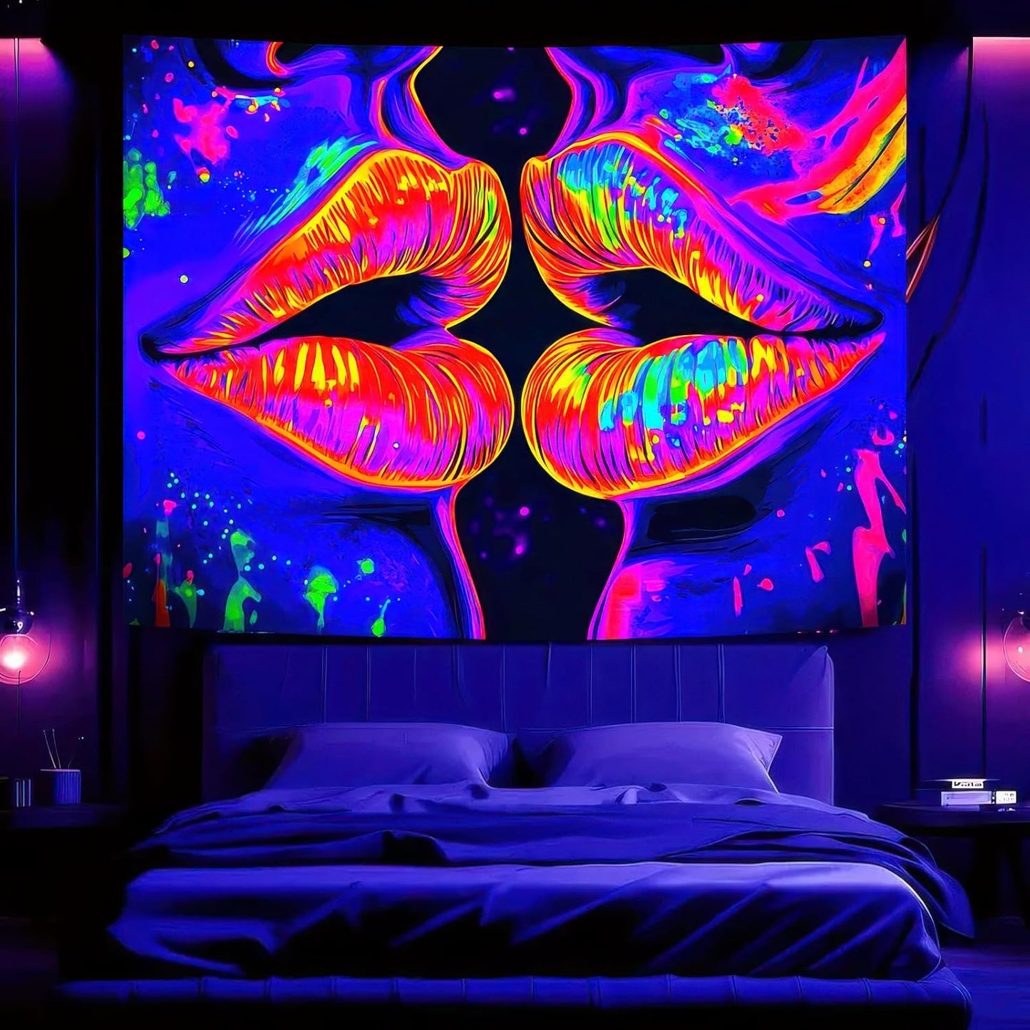 BlissYard Blacklight Tapestry Lip Tapestry Glowing 78x59 Inch UV Reactive Large Neon Decoration Posters Wall Hanging for Home Living Room Bedroom Party Decor Photo Shoot Props