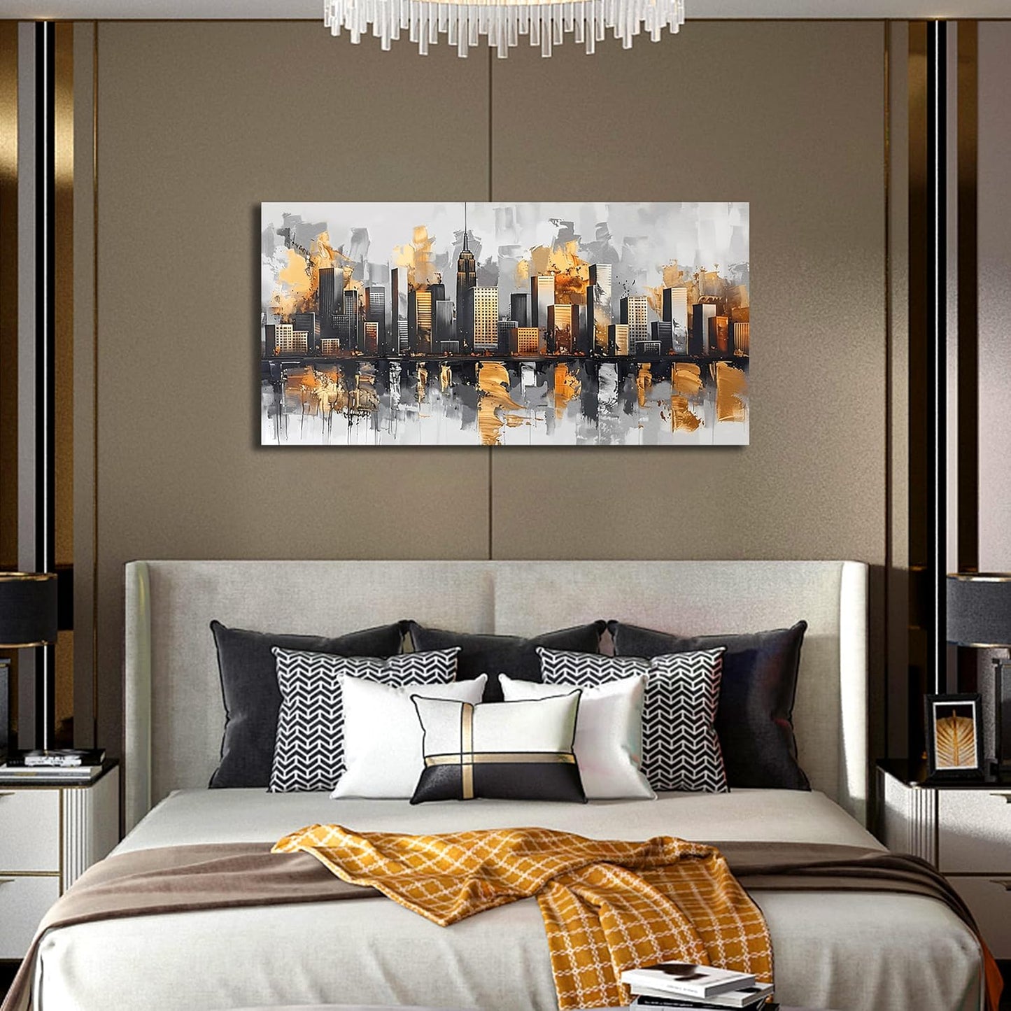 Ouzzlie Gold Artwork Vintage Wall Art City Poster Pictures for Wall Black Art for Home Kitchen 20"x 40"