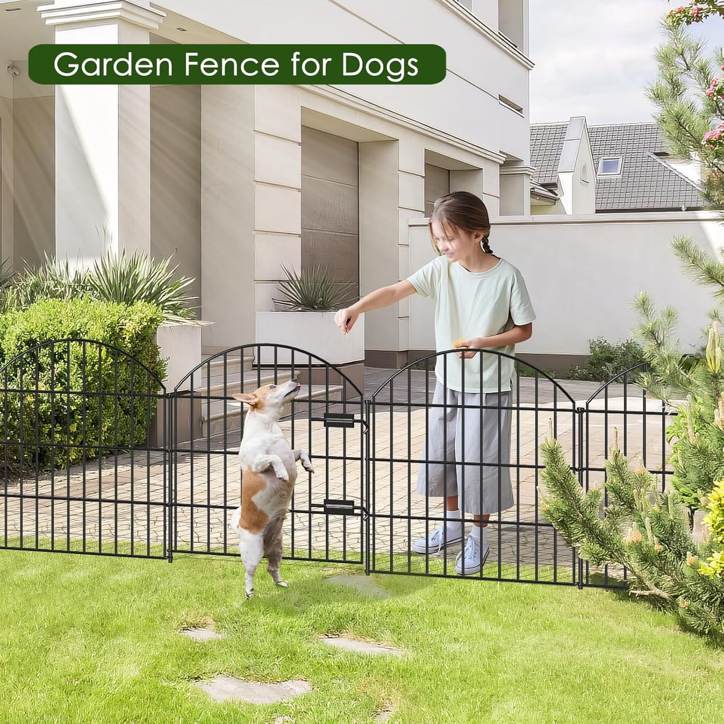 Metal Garden Fence with Gate 28in (H) x 11.7ft (L), 1 Gate + 4 Panels Rustproof Border Fence Animal Barrier for Dogs, No Dig Garden Fencing for Yard Backyard Landscape, ECG2827 Black