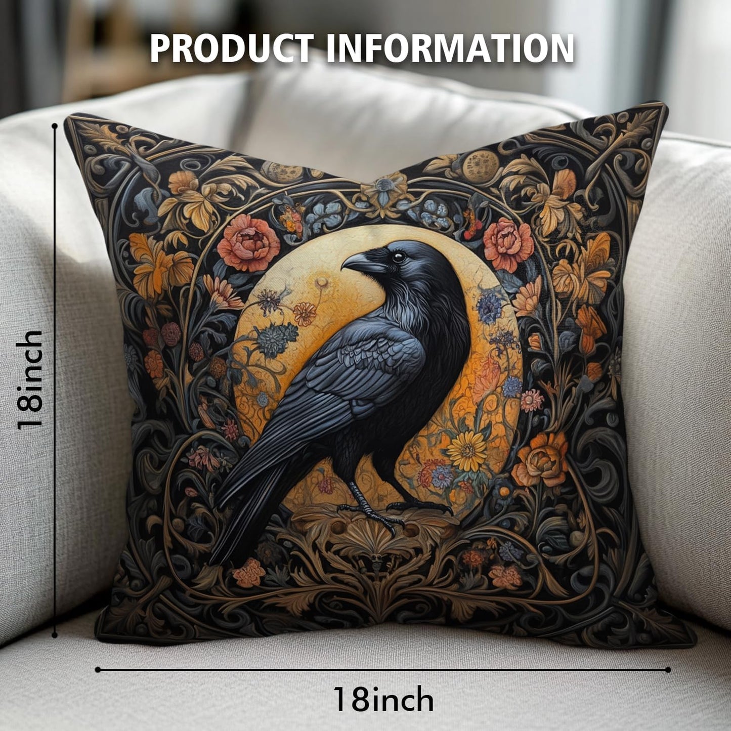 William Morris Abstract Vintage Floral Velvet Black Crow Design Throw Pillow Covers Home Decor, Retro Art Deco Pillowcase Cushion Cover for Bed Sofa Living Room, Square 18x18inch (Black-Crow)