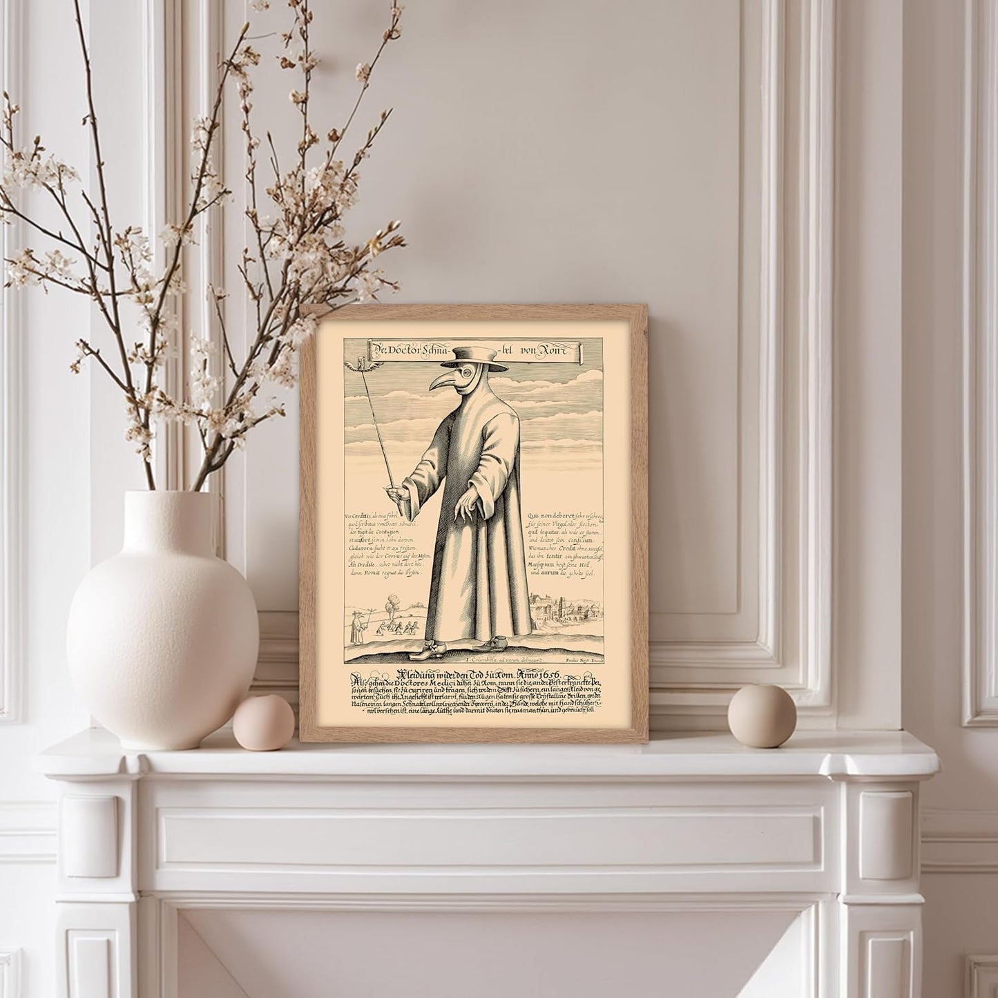 Poster Master Vintage Medieval Poster - Retro Illustration Print - Gift for Friend - Plague Doctor, Pandemic Mask, Physician, Black Death - Wall Decor for Home, Living Room, 8x10 Beige Framed