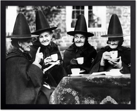Poster Master Classic Photograph Poster - Vintage Halloween Print - Gift for Artist, Friend - Witches Tea Party, Old Women Smiling, Wearing Robes - Wall Decor for Living Room, 11x14 Black Framed