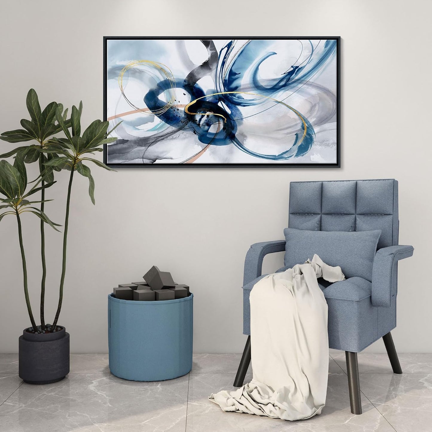 KLAKLA Modern Abstract Canvas Wall Art - Frame Wall Decor Living Room Picture Artwork for Office Bedroom Blue and White Decorative Paintings