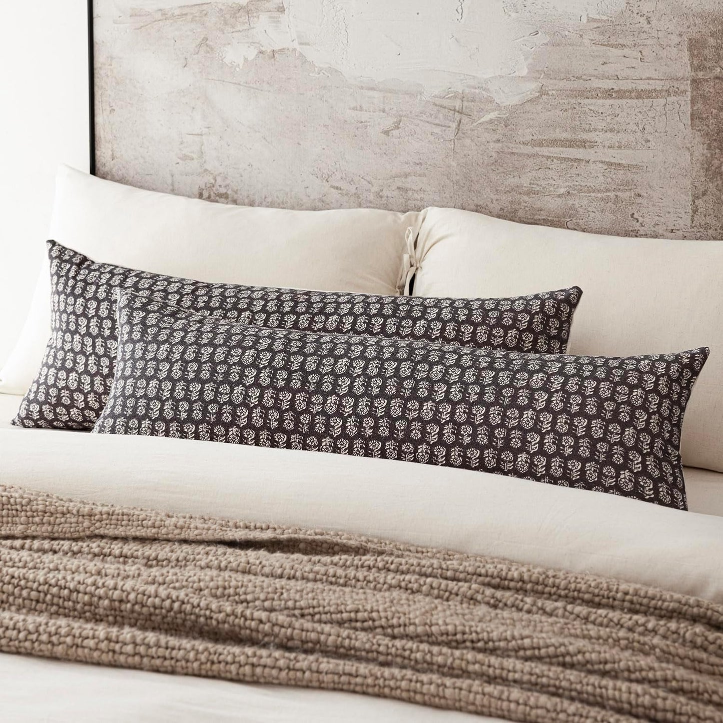 Foindtower Set of 2 Decorative Neutral Body Lumbar Throw Pillow Covers Vintage Accent Farmhouse Cushion Covers Boho Floral Home Decor for Sofa Couch Chair Bedroom Living Room Outdoor,14×36 Inch,Black