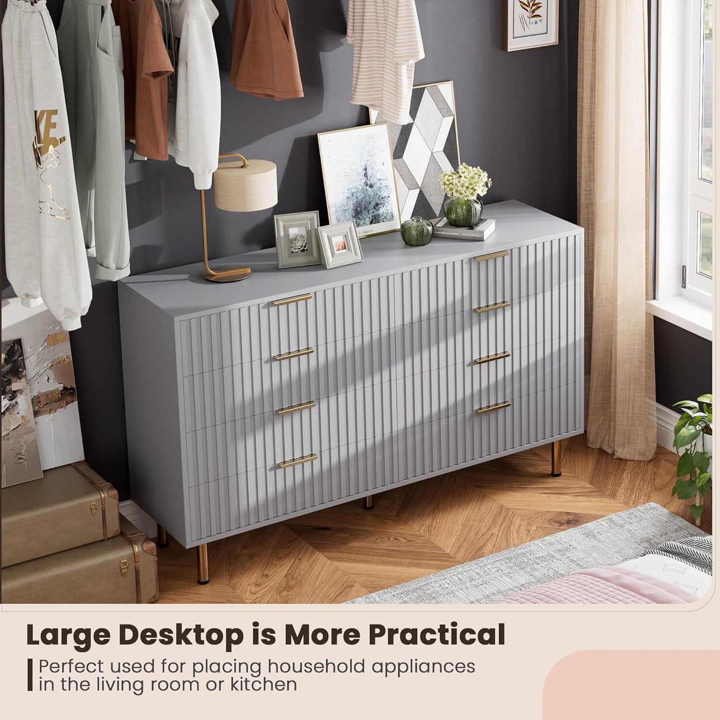 8 Drawer Dresser for Bedroom, Fluted 55" Wide Modern Chest of Drawers with Deep Drawers, Long Large Double Dresser TV Stand, Wooden Dresser Organizer for Living Room, Hallway, Kids Room, Grey