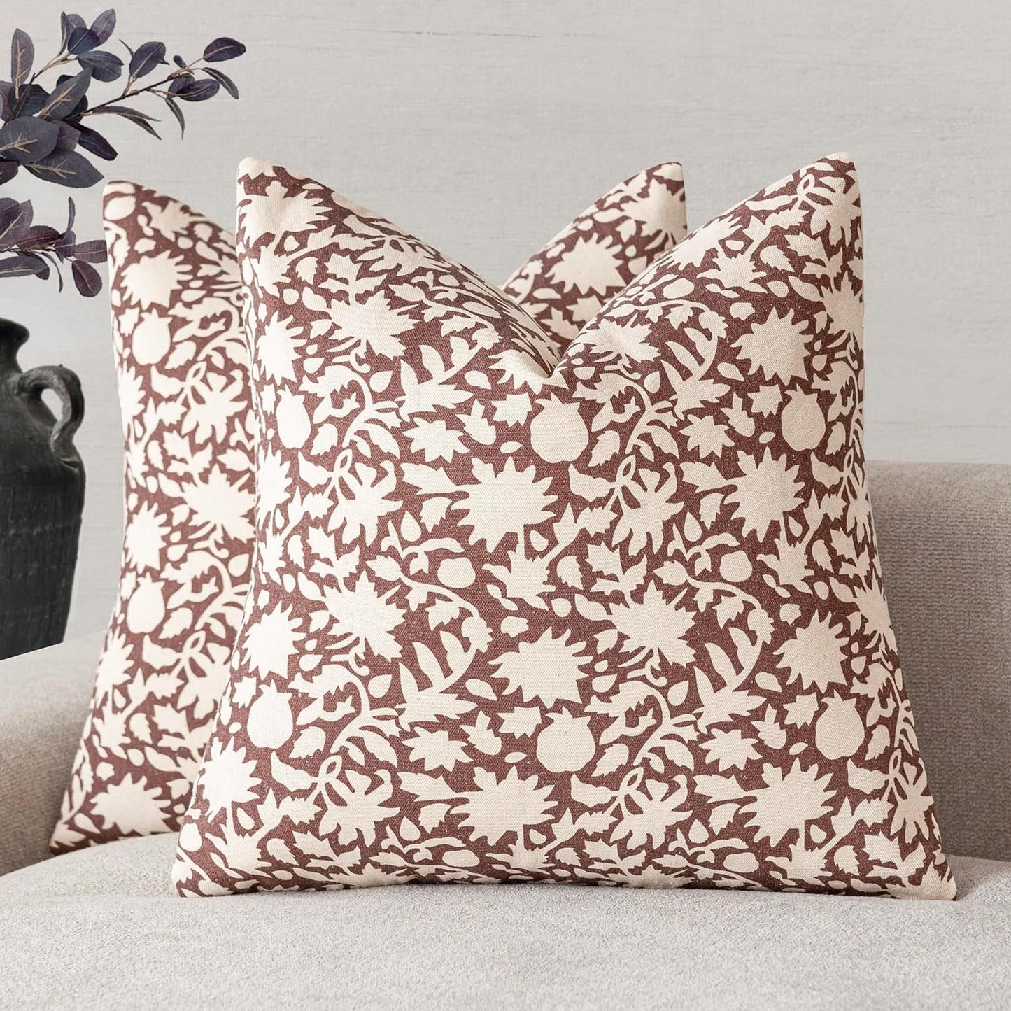 Foindtower Set of 2 Decorative Neutral Floral Throw Pillow Covers Accent Farmhouse Cushion Covers Boho Vintage Pillowcase for Couch Sofa Bedroom Living Room Home Decor Outdoor,22×22 Inch,Wine Red