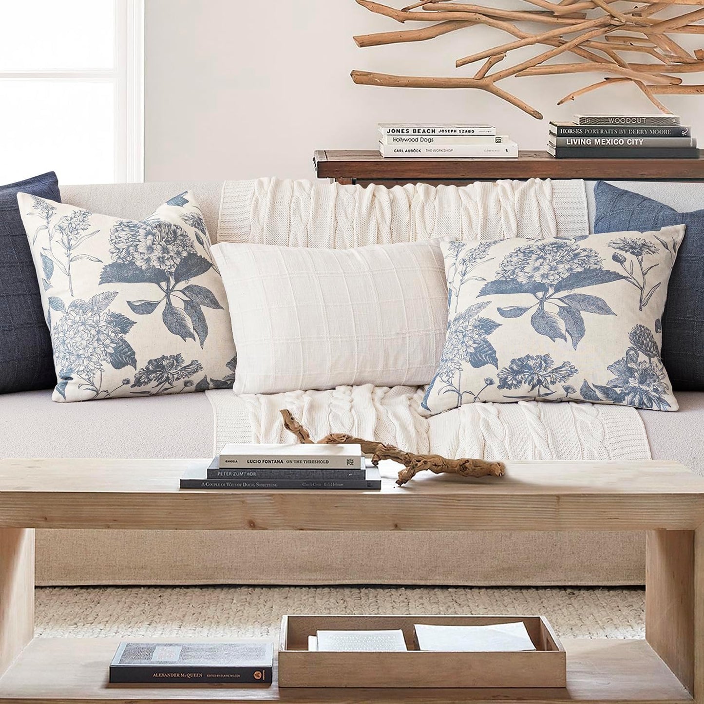 Foindtower Set of 2 Linen Floral Vintage Throw Pillow Covers Neutral Accent Print Decorative Cushion Covers Farmhouse Boho Home Decor for Sofa Chair Couch Bedroom Living Room Outdoor,24×24 Inch,Blue