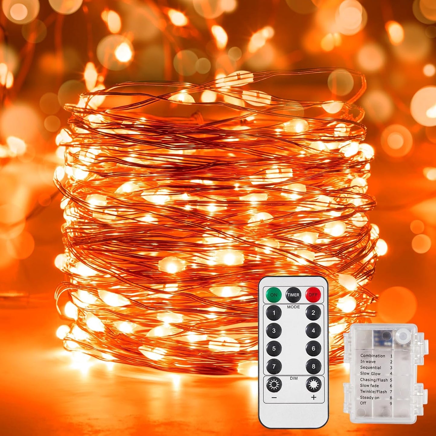 4 Pack 32.8 Ft. Battery Operated Outdoor String Lights with Remote & Timer, LED Orange Fairy Lights, Waterproof Twinkle Lights for Bedroom, Dorm, Mason Jar, Wedding, Party, Christmas