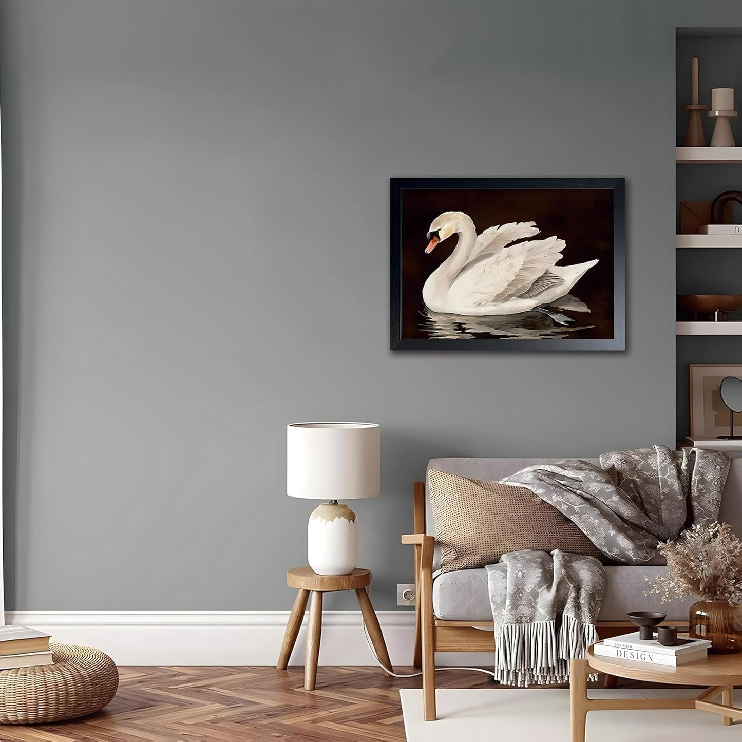 Black Wood Framed Wall Art Canvas Print Home Decor, Vintage Swan Aesthetic Wall Decor Photo, Classical Grace Swan Bathroom Prints Painting for Living Room Bedroom Office Decor 16x24 Inch