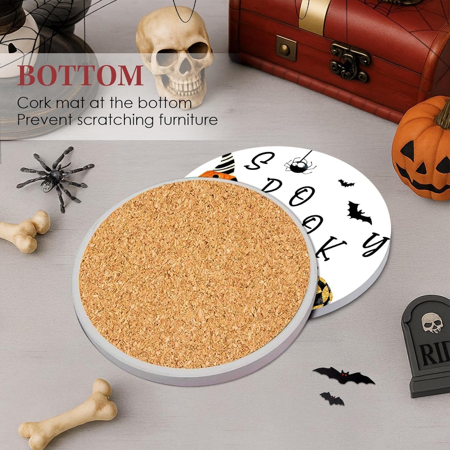 Coaster for Drinks Set of 6, Halloween Boo Black Cat Trick or Treat Spooky Pumpkin Bat Absorbent Round Ceramic Stone Mat, with Cork Base and Metal Holder, Gift for Housewarming Room Bar Decor