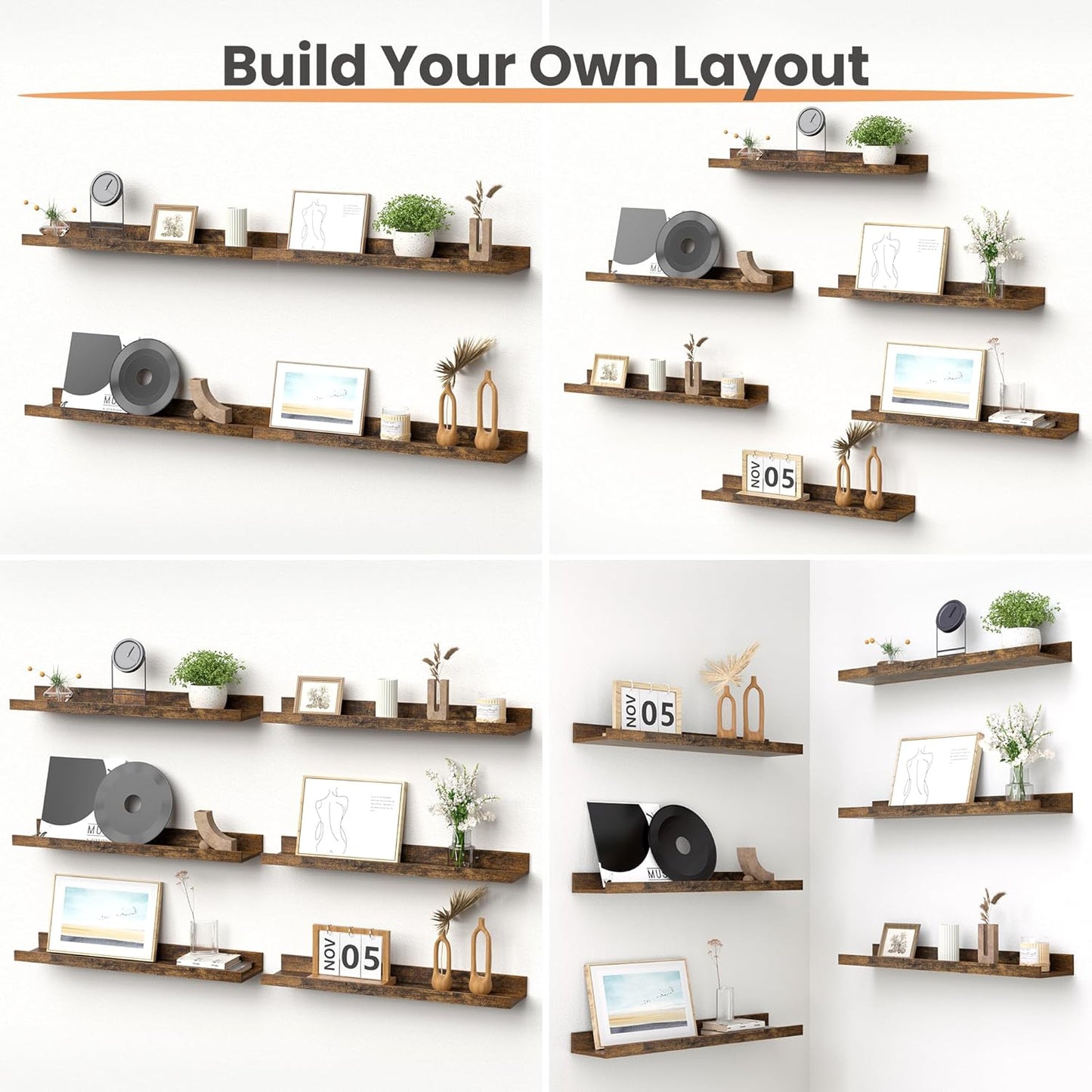 upsimples Floating Shelves for Wall, Wall Shelves for Decor Storage Set of 6, Wall Mounted Wood Shelf for Bedroom, Living Room, Bathroom, Kitchen, 23.6 inch Long Picture Ledge Shelf, Brown