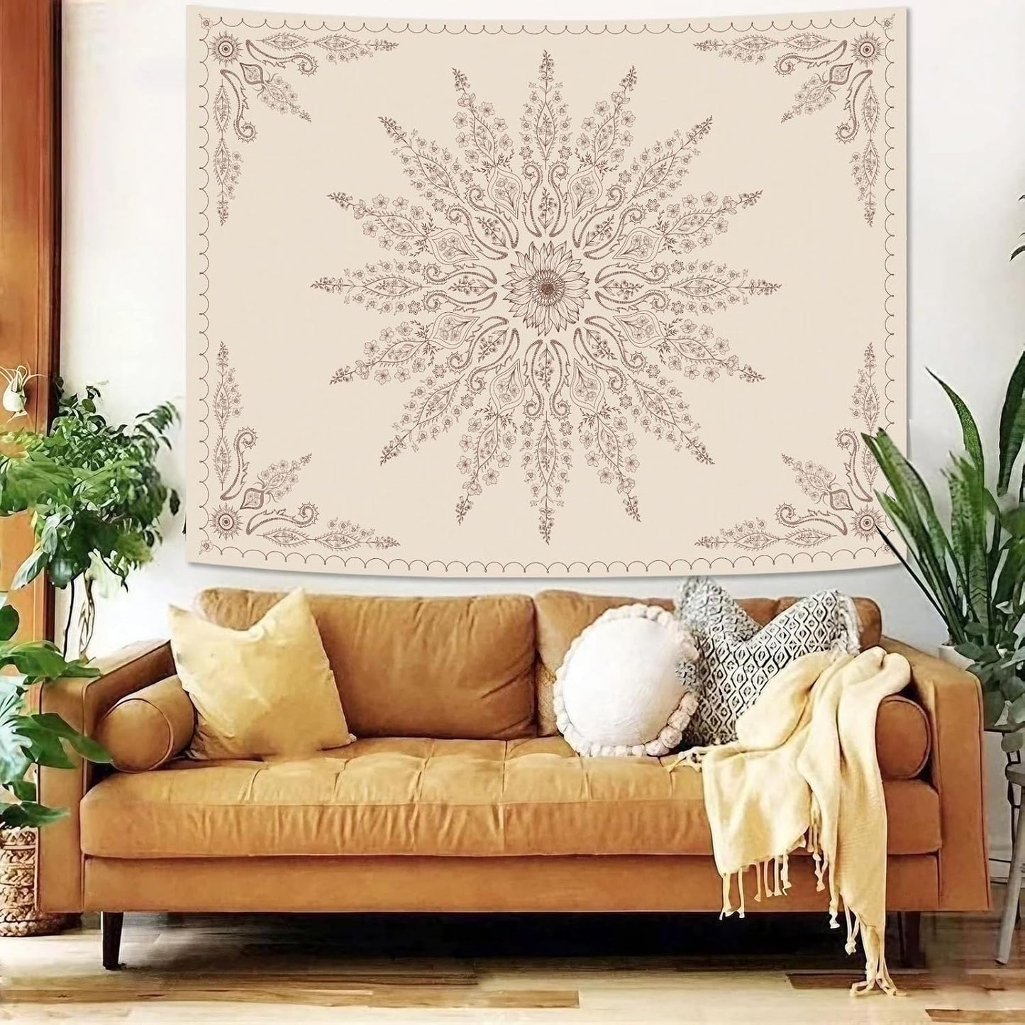 Fowocu Boho Floral Mandala Tapestry for Bedroom Aesthetic Bohemian Flower Wall Tapestry Beige Hippie Indian Large Tapestries Wall Hanging for Living Room Dorm Decor 80 x 60 Inch