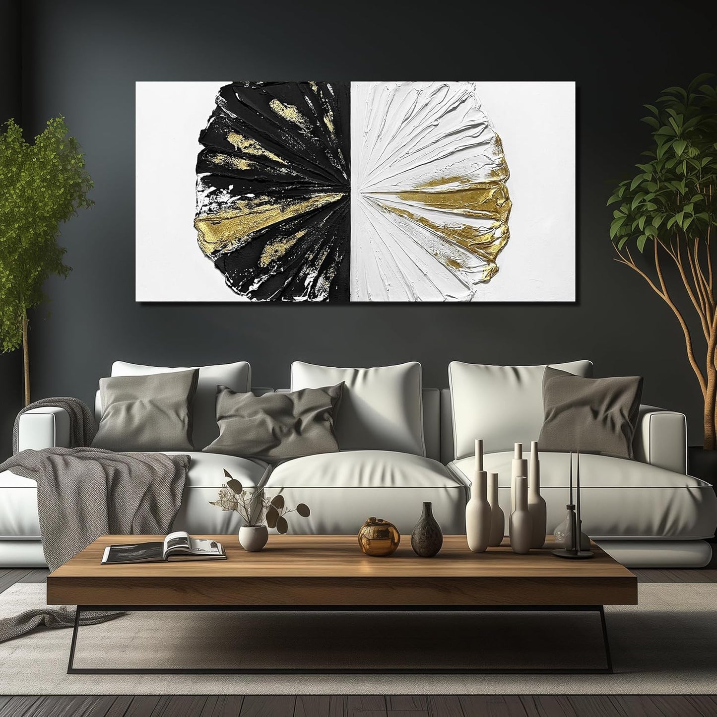 Abstract Circles Wall Decorations for Office Black White Gold Oil Painting Wall Art for Bedroom Large Pictures for Living Room Size 29 x 58 Inch