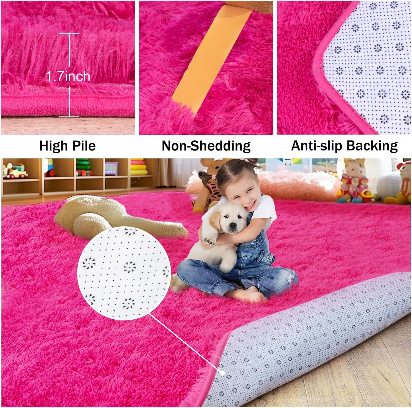 Rezutan Soft Fluffy Rug for Living Room Bedroom, Large Comfy Modern Shaggy Fuzzy Kids, Plush Indoor Nursery Classroom Home Decor Bedside Rug with Non-Slip Bottom, Hot Pink, 5X7 Feet