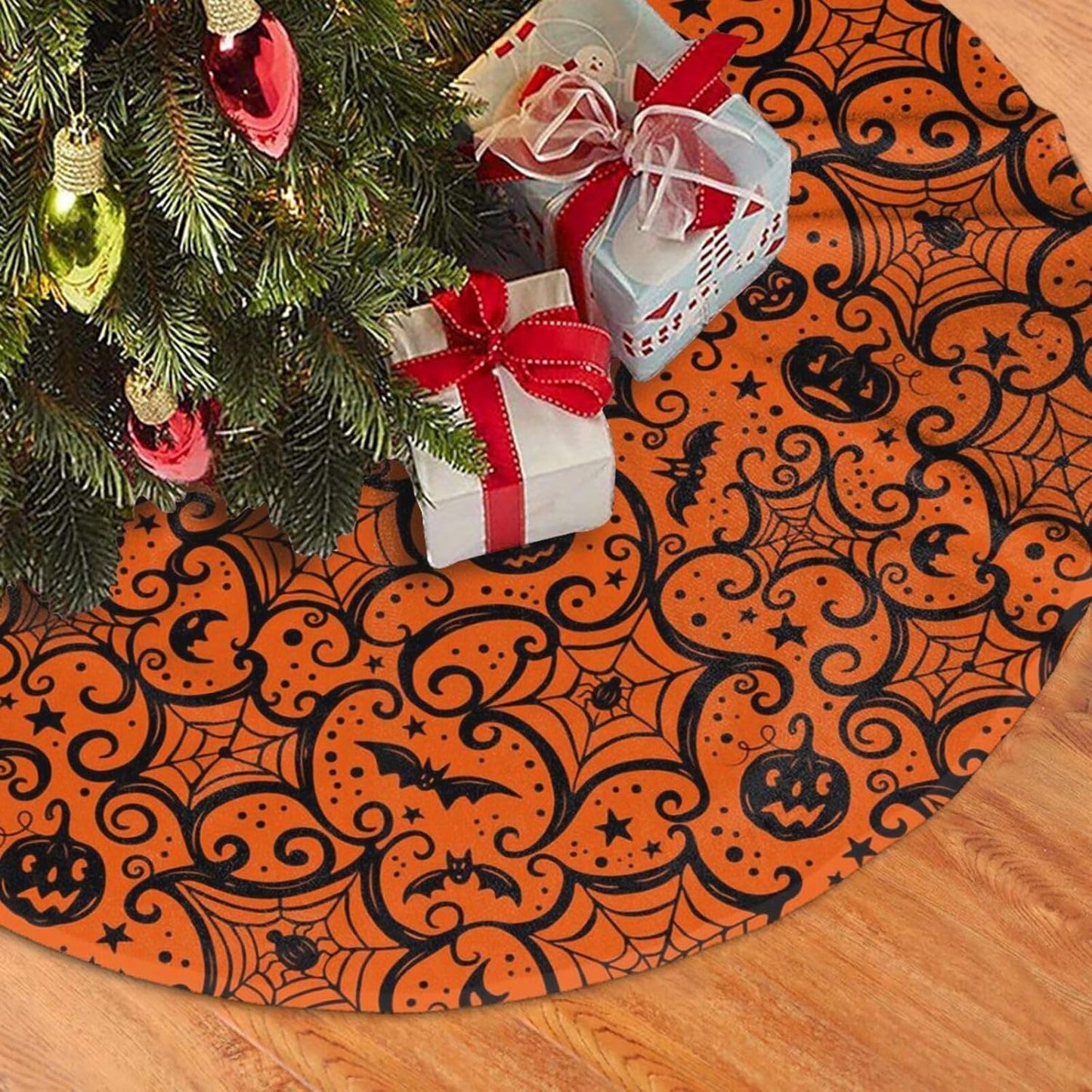 Christmas Tree Skirt,Halloween Pumpkin Xmas Tree Skirt Rustic Farmhouse Tree Skirt for Christmas Decor Xmas Holiday Home Party Decorations36