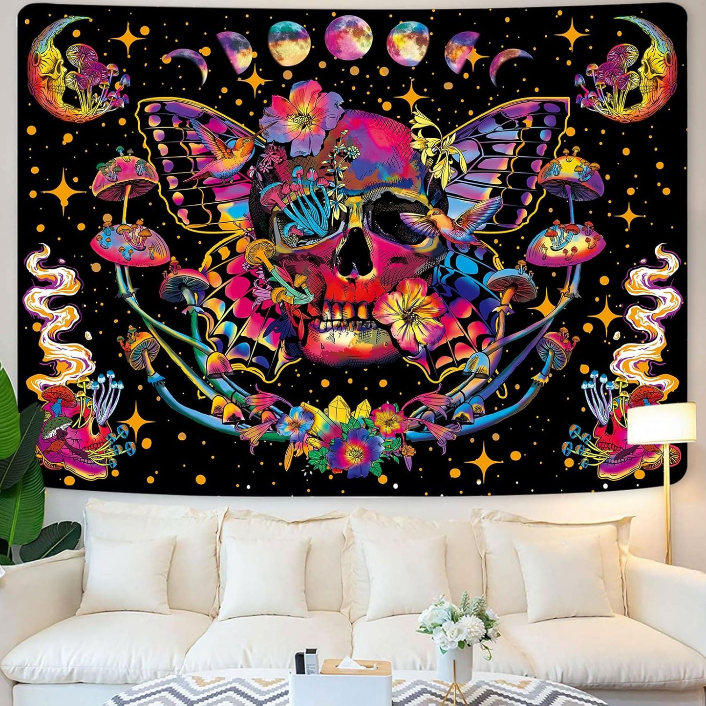 Xiaoput Blacklight Skull Tapestry, UV Reactive Mushroom Butterfly, Aesthetic Moth Moon Flowers, Hippie Skeleton Wall Hanging for Bedroom, Living Room, Home, Dorm 40x30IN