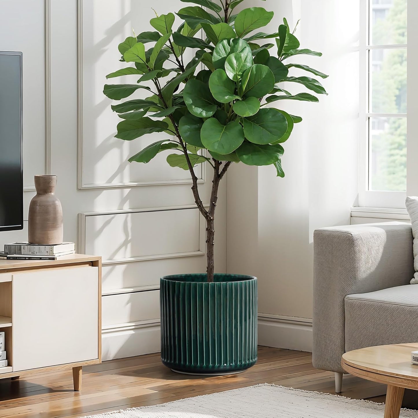 LuxenHome 13.5" Dia Round Ceramic Plant Pots, Large Indoor Outdoor Decorative Planters with Drainage Holes and Rubber Plug, Modern Jade Green Glazed Ribbed Flower Pots Planters for Home Garden Patio