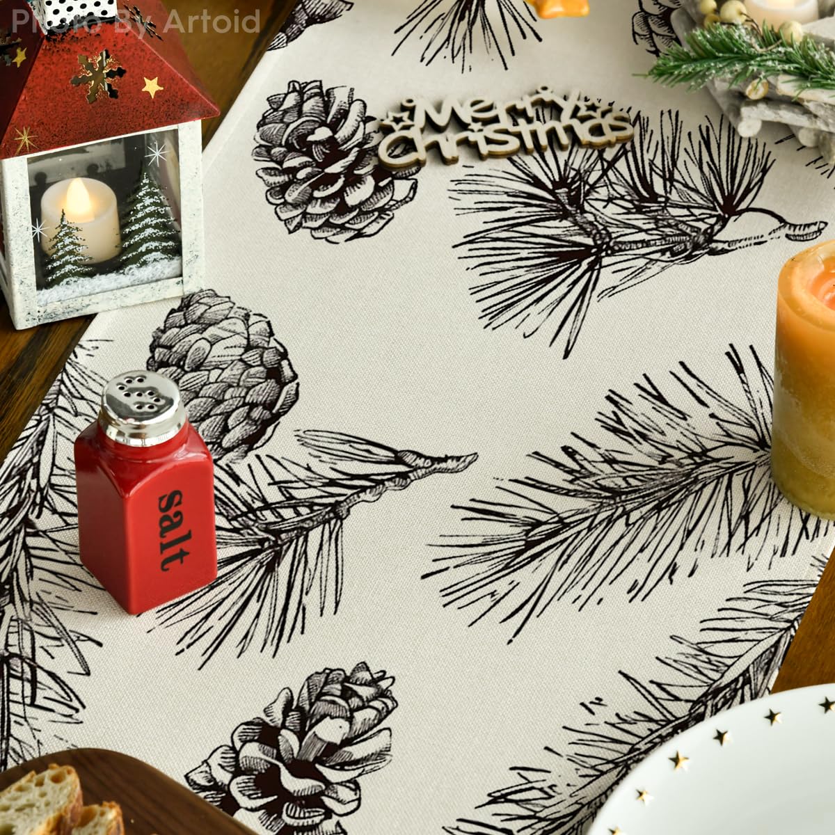 Seasonal Fir and Pine Cone Christmas Table Runner - Winter Leaves Holiday Dining Decor (Available in 4 Sizes)