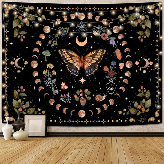 Aipon Yellow Butterfly Moon Flower Tapestry Botanical Floral Plant Boho Tapestry for Bedroom Aesthetic Vintage Tapestries Wall Hanging for Living Room Dorm (44.00'' × 60.00'', Yellow)