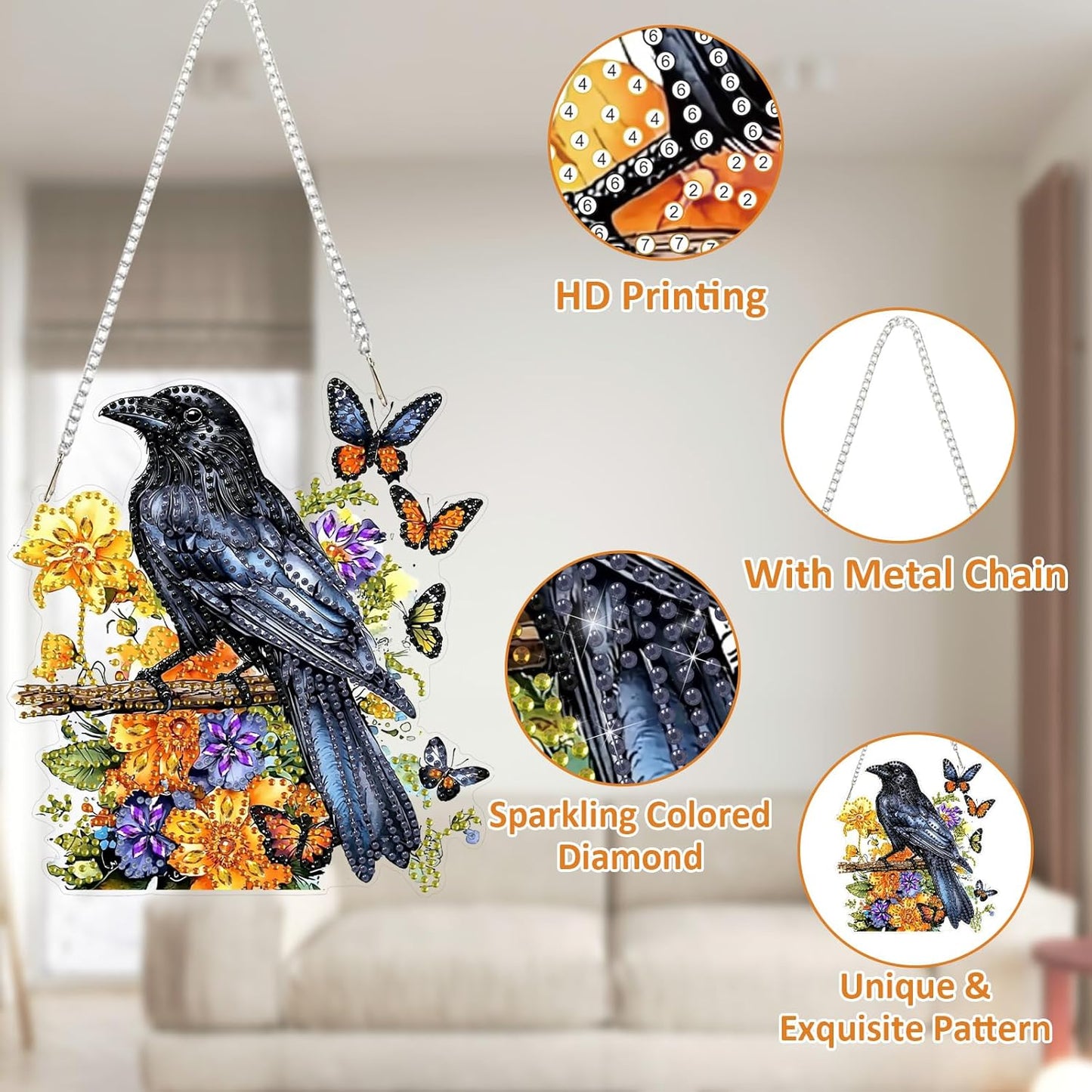 SENQAO Crow Diamond Art Hanging Kit for Adult, Special Shaped Rhinestone, Double Sided DIY Acrylic Diamond Art Painting Window Pendants Home Garden Wall Hanging Kits Hanging Ornament